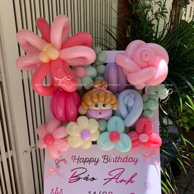 Bảng hoa bong bóng sinh nhật, chủ đề Công Chúa Disney, tone hồng pastel - Bảo Anh