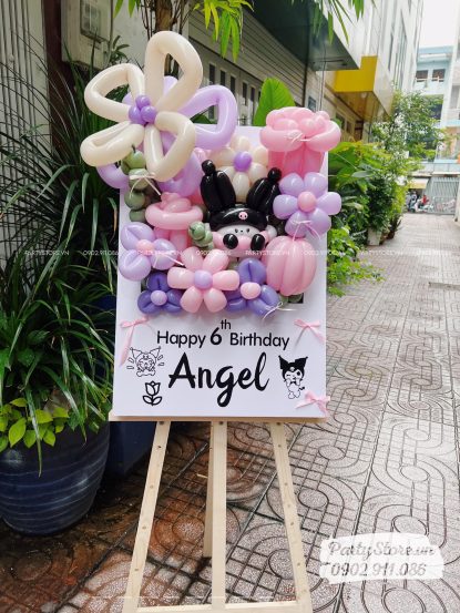 Bảng hoa bong bóng sinh nhật, chủ đề Kuromi, tone hồng tím – Angel