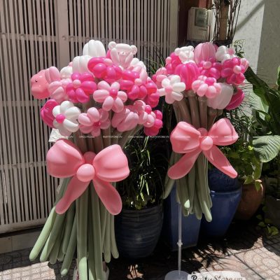 Bó hoa bong bóng gấu hồng tone hồng trắng