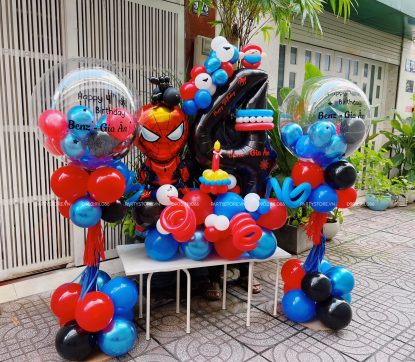 Combo bong bóng sinh nhật tạo hình, chủ đề Người Nhện, tone đỏ xanh đen