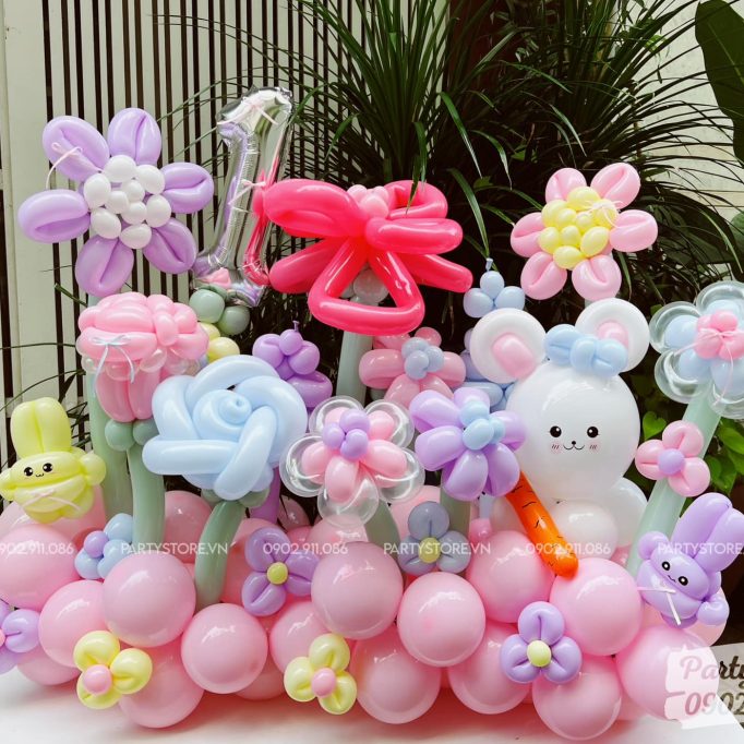 Khu vườn hoa bong bóng sinh nhật tone màu pastel