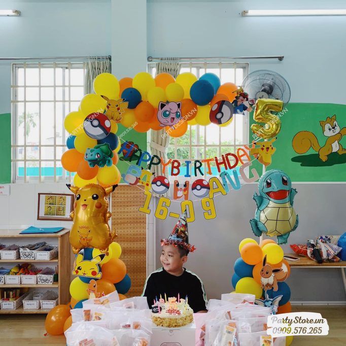Set bong bóng trang trí sinh nhật, chủ đề Pokemon, tone vàng cam