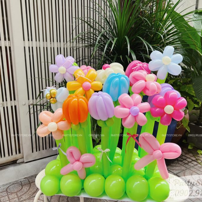 Trụ bong bóng sinh nhật tạo hình chủ đề vườn hoa cầu vồng nhiều màu sắc