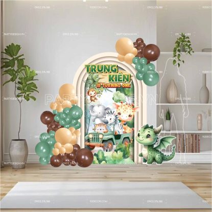 Phông cứng formex sinh nhật thôi nôi Safari & tuổi Rồng tone xanh nâu kem cho bé trai