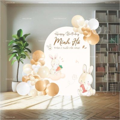 Phông cứng formex sinh nhật thôi nôi Thỏ dễ thương tone nâu kem trắng cho bé trai bé gái