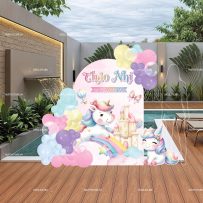 Phông cứng formex sinh nhật thôi nôi Unicorn tone hồng tím vàng pastel cho bé gái