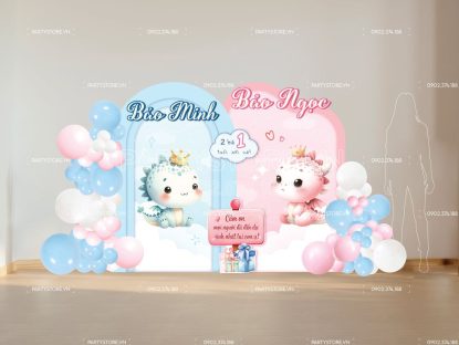 Phông cứng formex sinh nhật thôi nôi tuổi Rồng sinh đôi tone xanh hồng cho bé trai bé gái