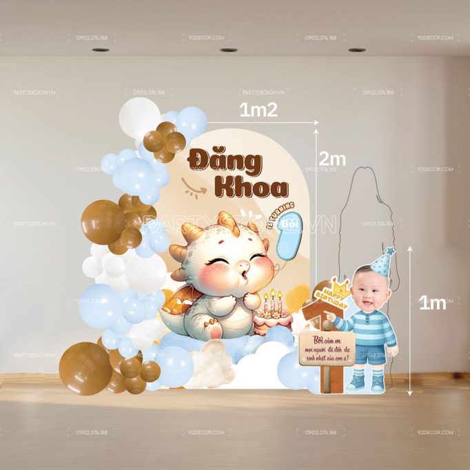 Phông cứng formex sinh nhật thôi nôi tuổi Rồng tone nâu xanh trắng cho bé trai