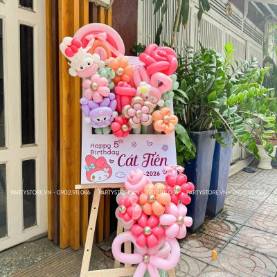 Bảng hoa bong bóng sinh nhật bé gái 5 tuổi chủ đề My Melody tone hồng của bé Cát Tiên