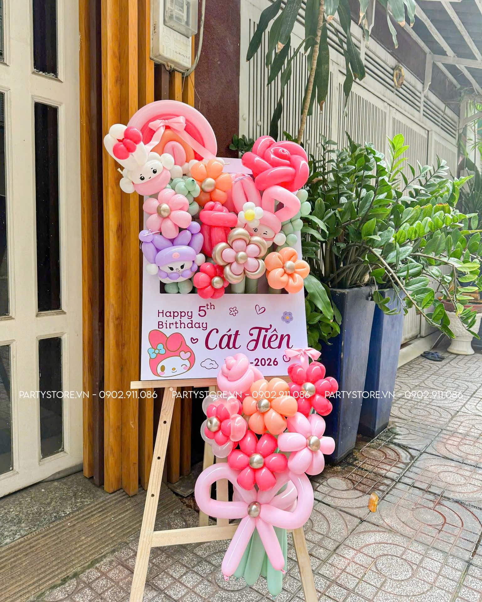 Bảng hoa bong bóng sinh nhật bé gái 5 tuổi chủ đề My Melody tone hồng của bé Cát Tiên